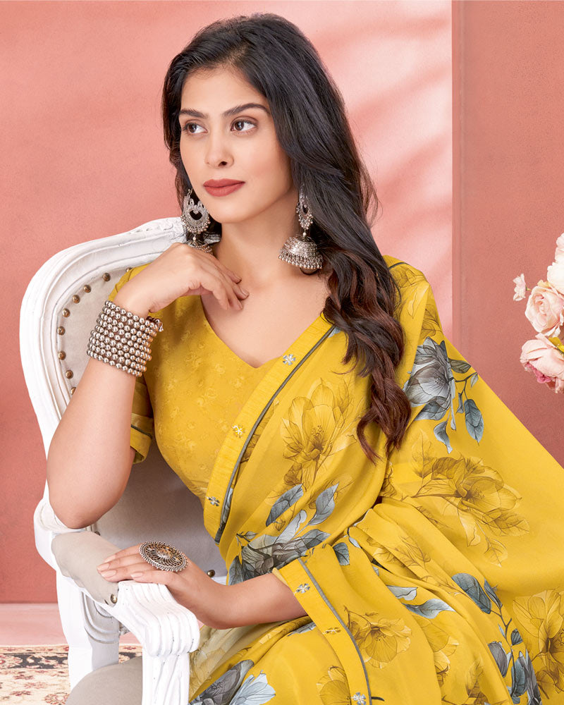Vishal Prints Indian Yellow Digital Print Criva Crepe Saree With Fancy Border