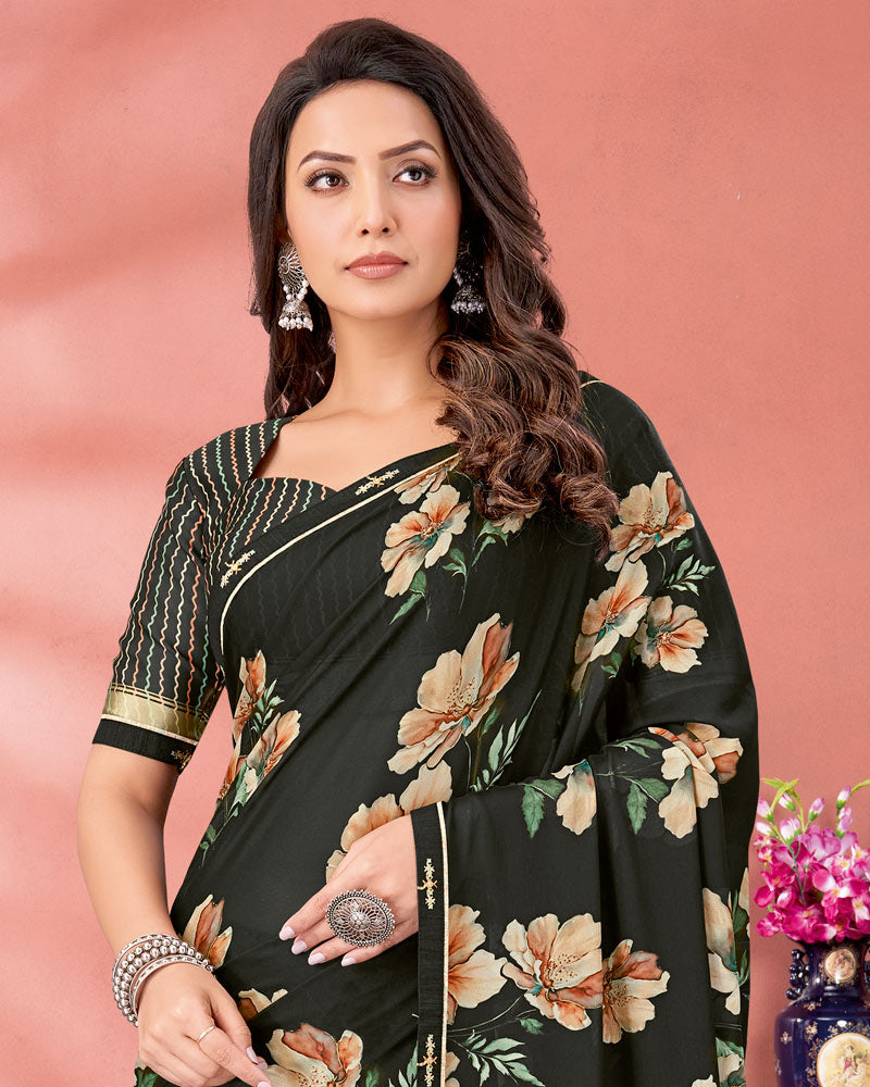 Vishal Prints Metallic Black Digital Print Criva Crepe Saree With Fancy Border