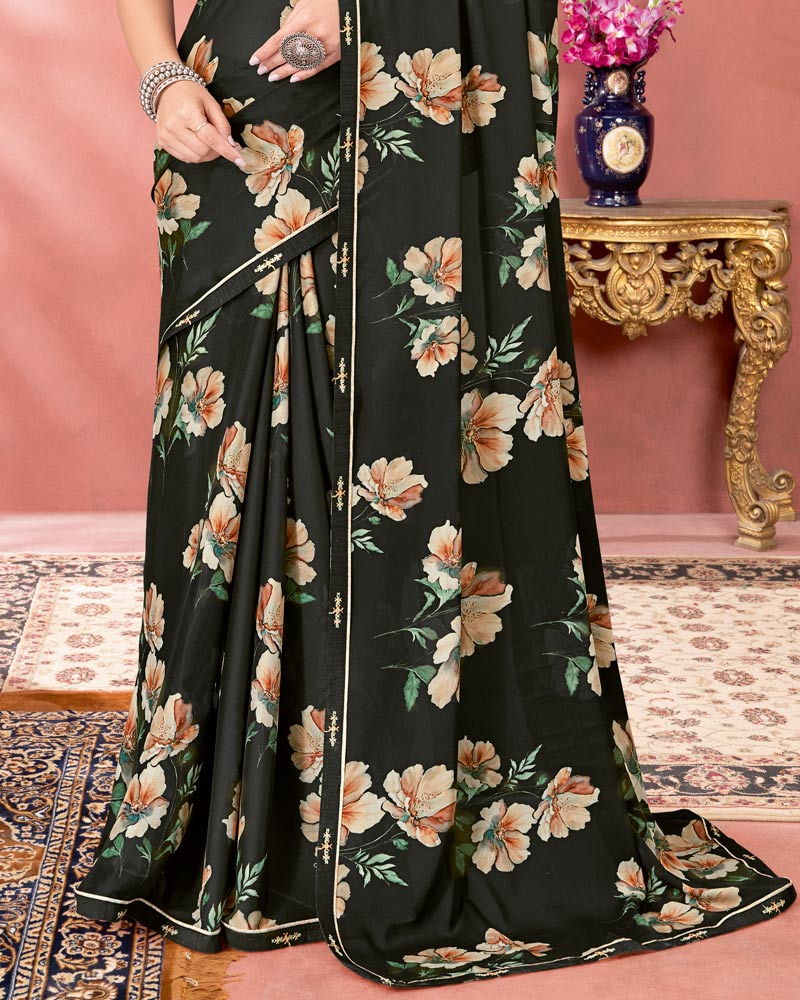 Vishal Prints Metallic Black Digital Print Criva Crepe Saree With Fancy Border