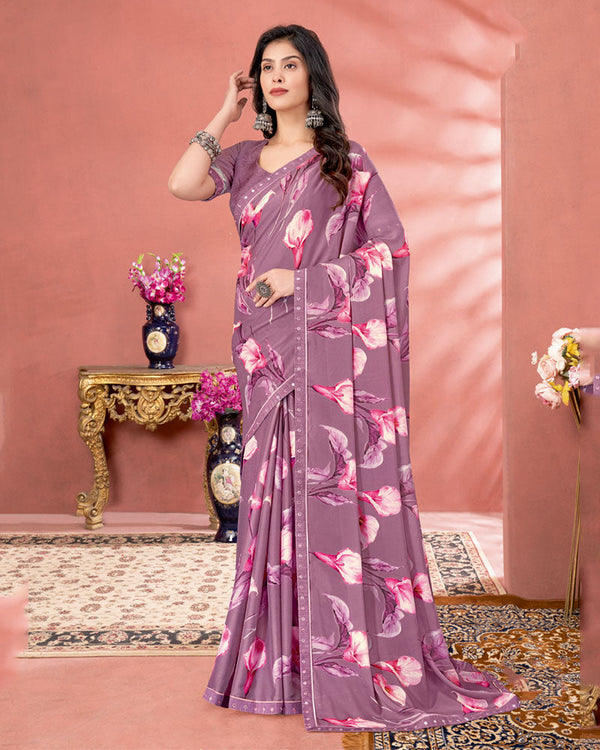 Vishal Prints Turkish Rose Digital Print Criva Crepe Saree With Fancy Border