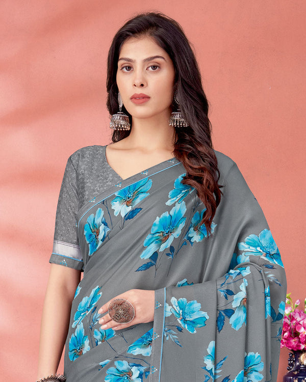 Vishal Prints Regent Grey Digital Print Criva Crepe Saree With Fancy Border