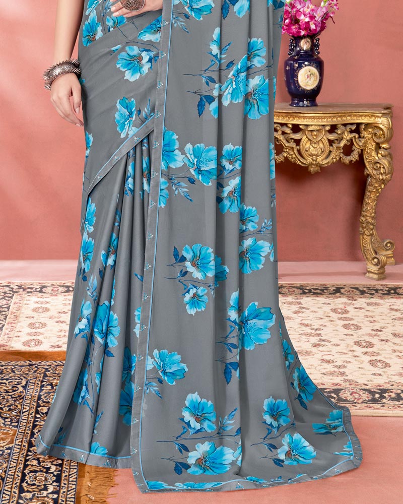 Vishal Prints Regent Grey Digital Print Criva Crepe Saree With Fancy Border