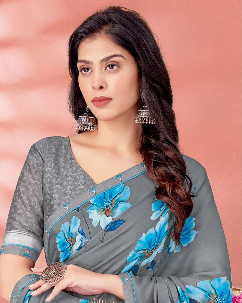 Vishal Prints Regent Grey Digital Print Criva Crepe Saree With Fancy Border