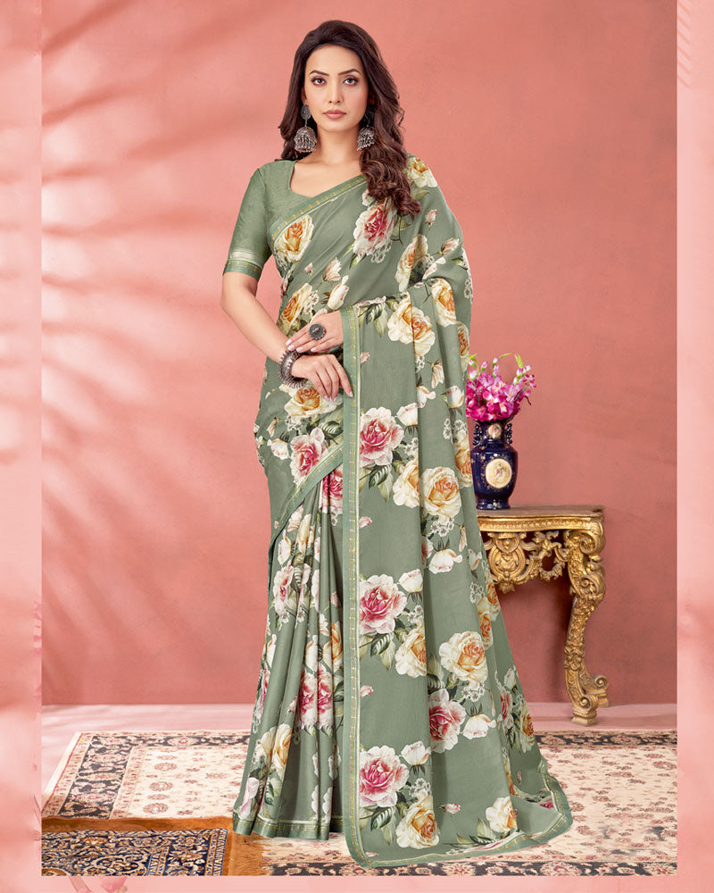 Vishal Prints Spanish Green Digital Print Criva Crepe Saree With Fancy Border