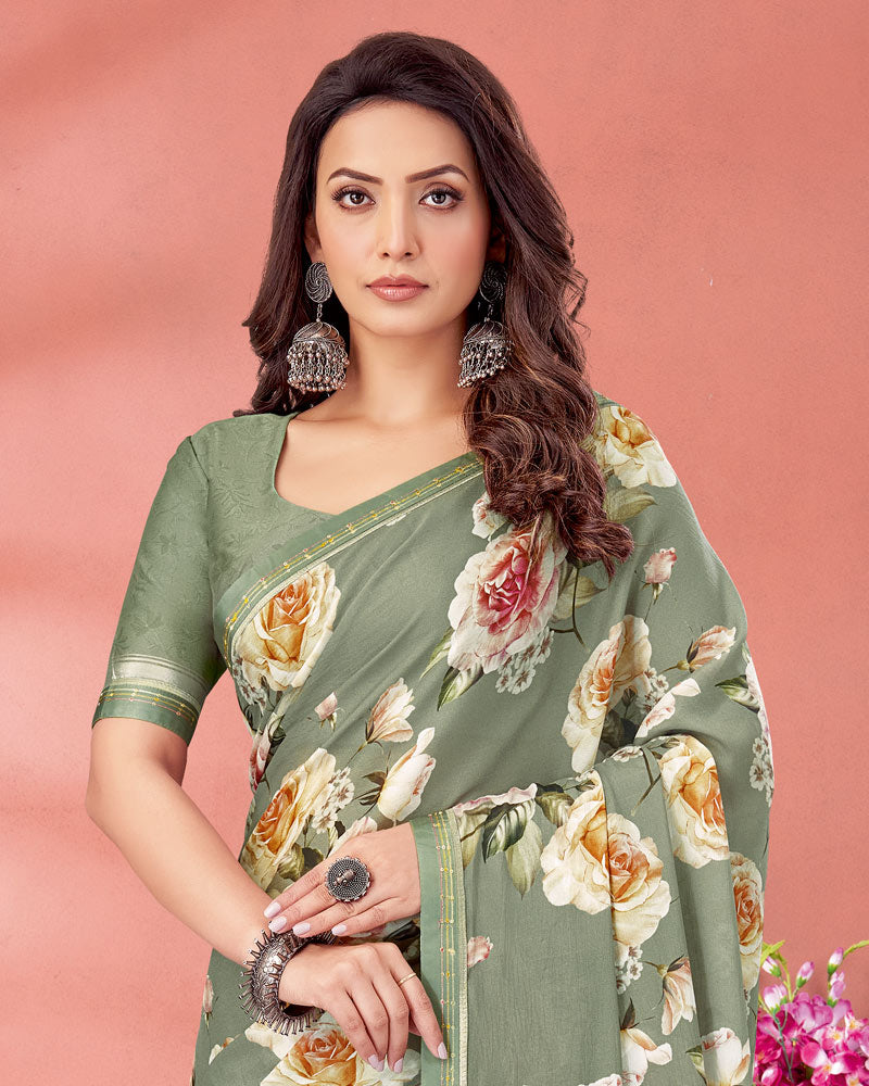 Vishal Prints Spanish Green Digital Print Criva Crepe Saree With Fancy Border