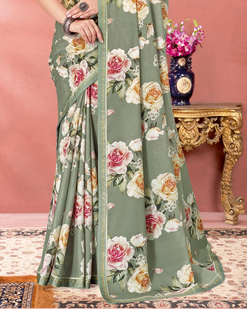 Vishal Prints Spanish Green Digital Print Criva Crepe Saree With Fancy Border