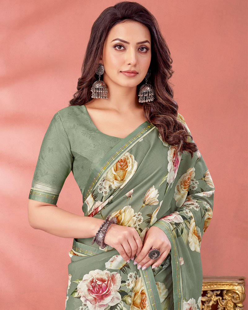 Vishal Prints Spanish Green Digital Print Criva Crepe Saree With Fancy Border
