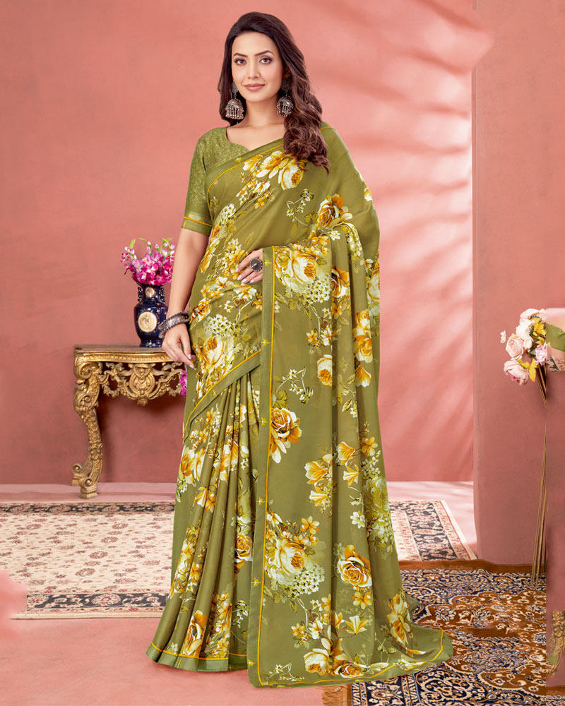 Vishal Prints Light Brownish Green Digital Print Criva Crepe Saree With Fancy Border