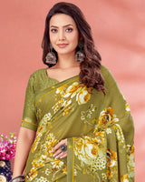 Vishal Prints Light Brownish Green Digital Print Criva Crepe Saree With Fancy Border