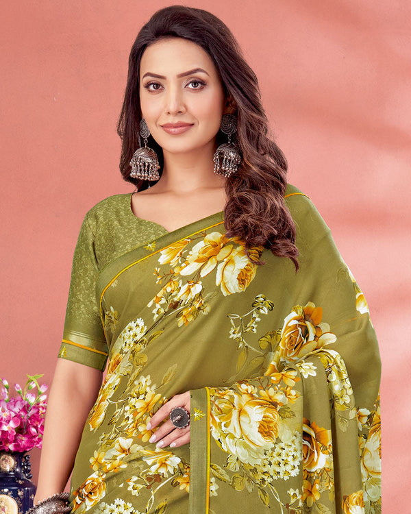 Vishal Prints Light Brownish Green Digital Print Criva Crepe Saree With Fancy Border