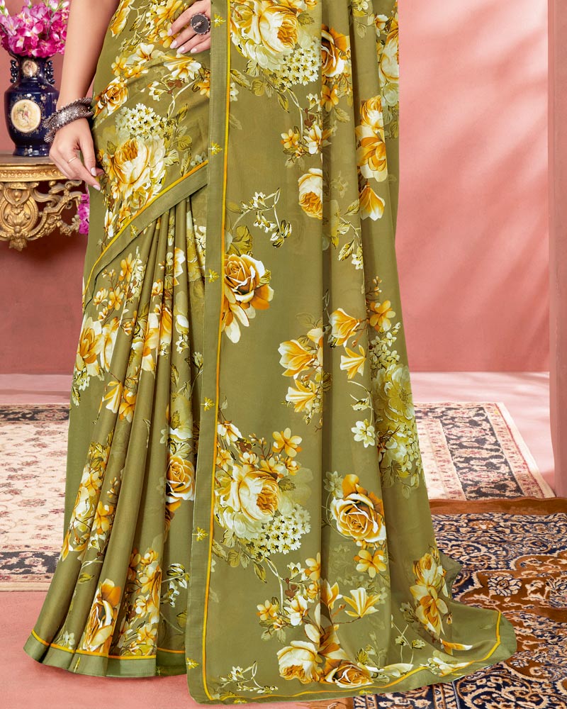 Vishal Prints Light Brownish Green Digital Print Criva Crepe Saree With Fancy Border