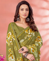 Vishal Prints Light Brownish Green Digital Print Criva Crepe Saree With Fancy Border