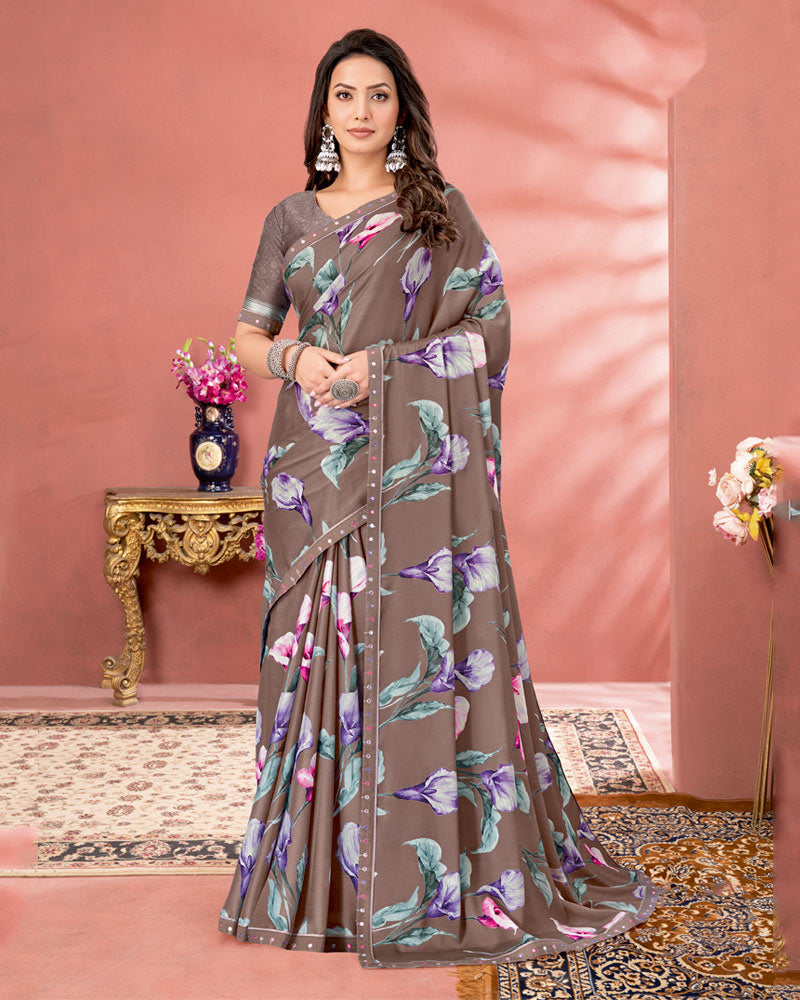Vishal Prints Pale Brown Digital Print Criva Crepe Saree With Fancy Border