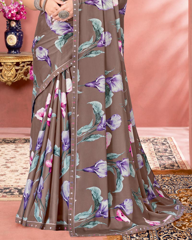 Vishal Prints Pale Brown Digital Print Criva Crepe Saree With Fancy Border