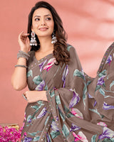 Vishal Prints Pale Brown Digital Print Criva Crepe Saree With Fancy Border