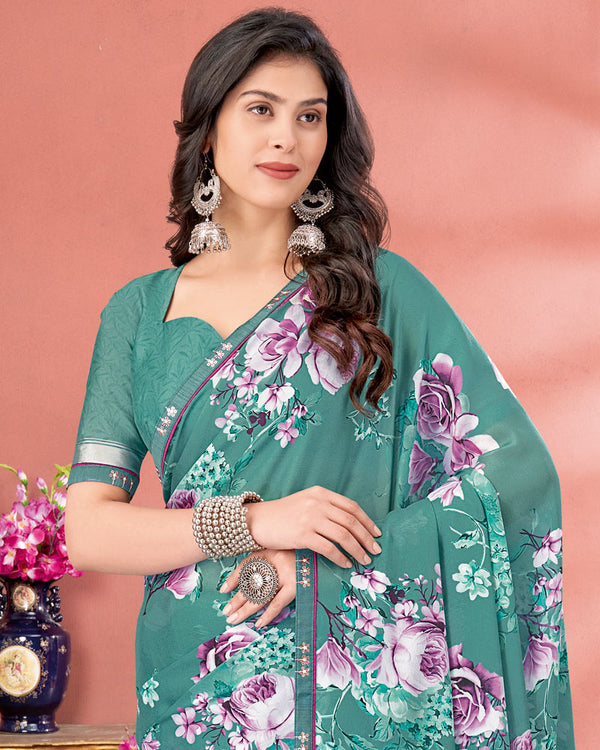 Vishal Prints Dusty Teal Green Digital Print Criva Crepe Saree With Fancy Border