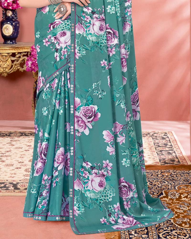 Vishal Prints Dusty Teal Green Digital Print Criva Crepe Saree With Fancy Border