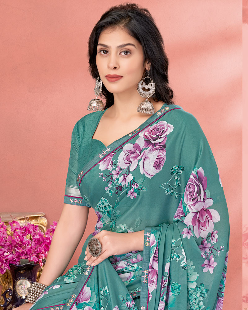 Vishal Prints Dusty Teal Green Digital Print Criva Crepe Saree With Fancy Border