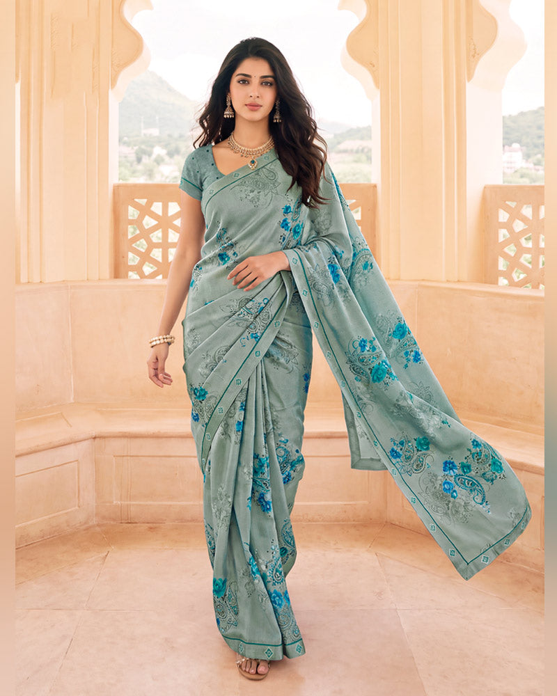Vishal Prints Santa Grey Digital Print Criva Crepe Saree With Fancy Border