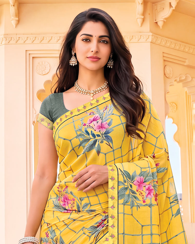 Vishal Prints Sunglow Yellow Digital Print Criva Crepe Saree With Fancy Border