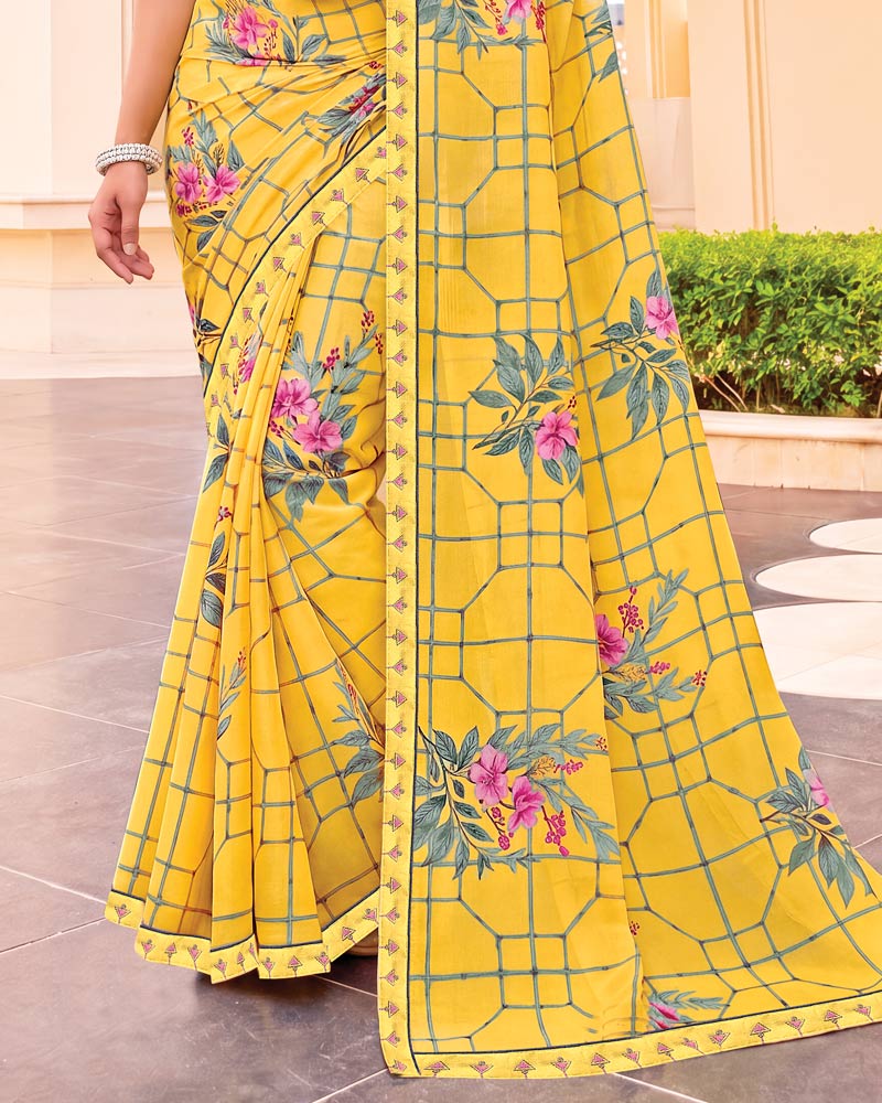 Vishal Prints Sunglow Yellow Digital Print Criva Crepe Saree With Fancy Border
