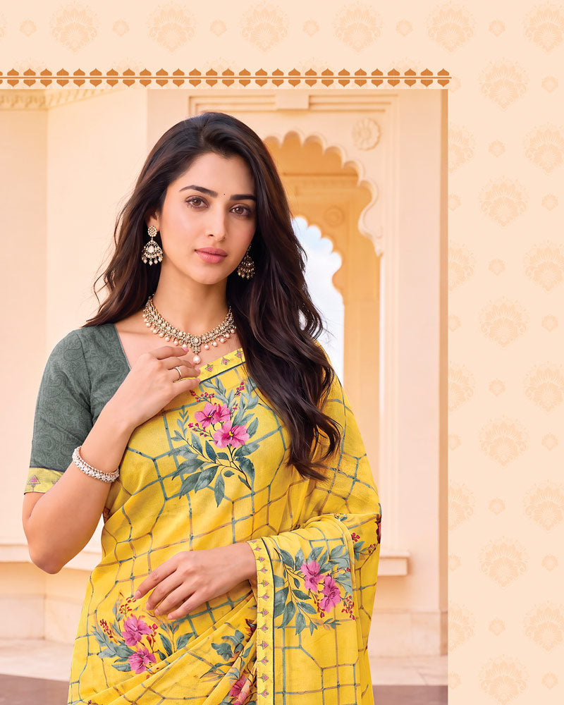 Vishal Prints Sunglow Yellow Digital Print Criva Crepe Saree With Fancy Border