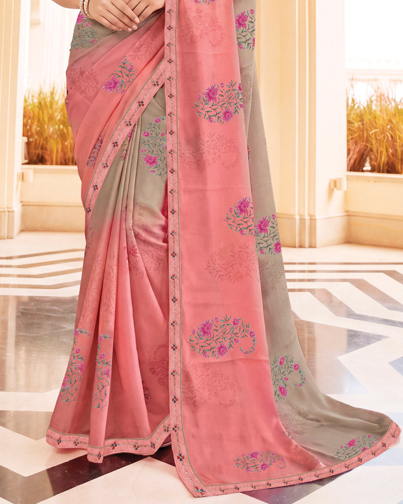 Vishal Prints Diasy Pink And Taupe Digital Print Criva Crepe Saree With Fancy Border