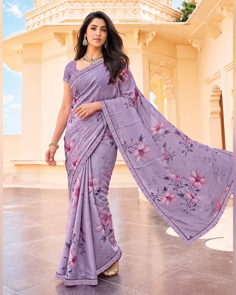 Vishal Prints Pastel Purple Digital Print Criva Crepe Saree With Fancy Border