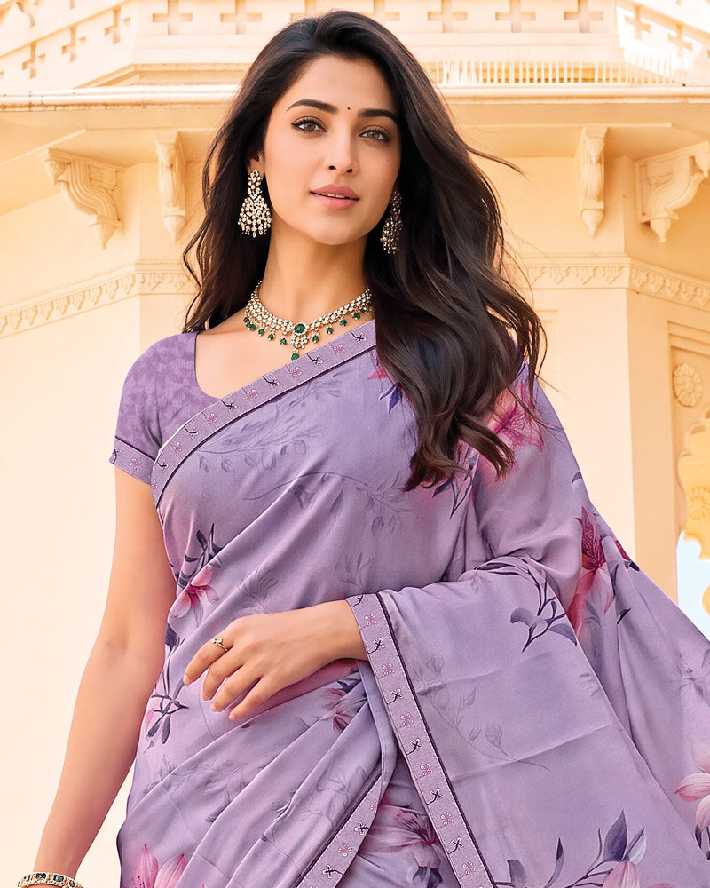 Vishal Prints Pastel Purple Digital Print Criva Crepe Saree With Fancy Border