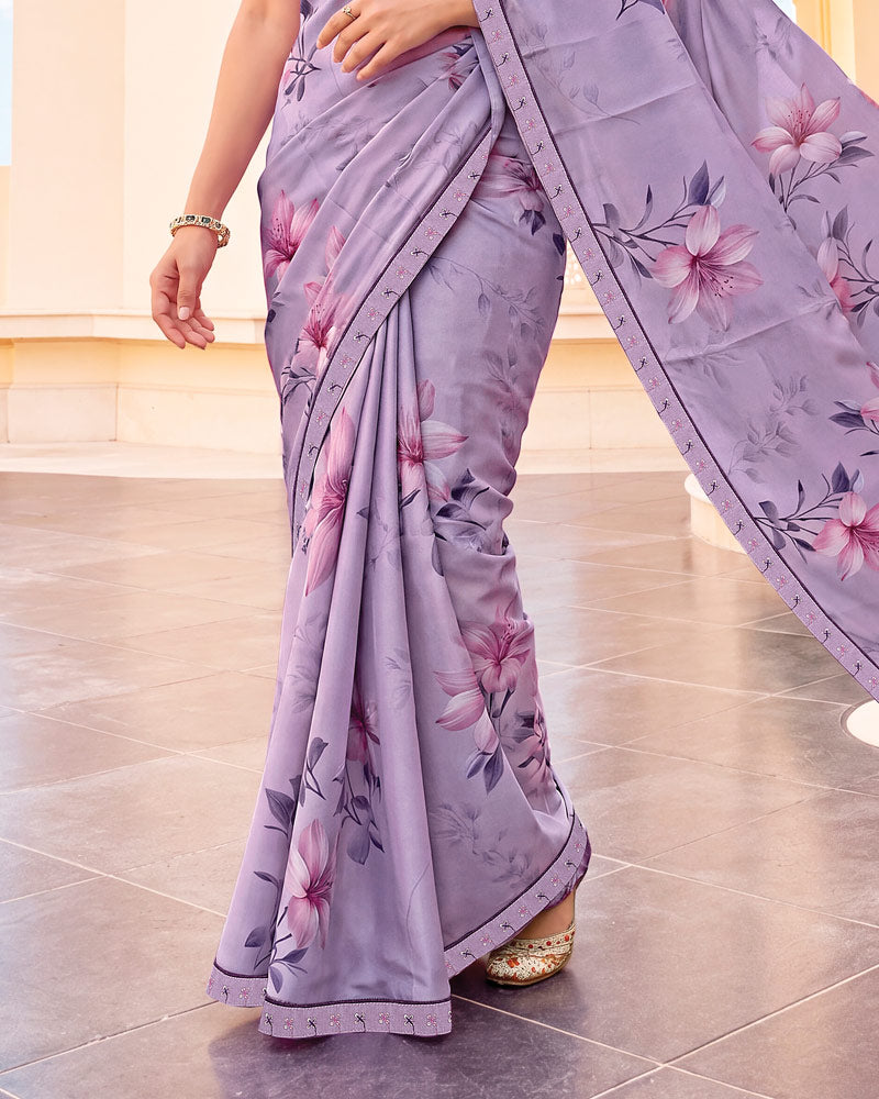 Vishal Prints Pastel Purple Digital Print Criva Crepe Saree With Fancy Border