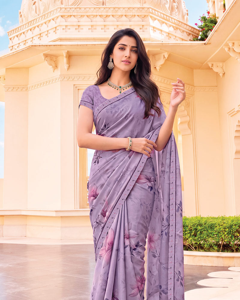 Vishal Prints Pastel Purple Digital Print Criva Crepe Saree With Fancy Border