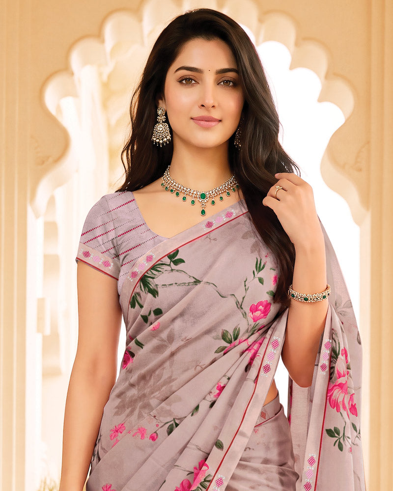 Vishal Prints Greyish Pink Digital Print Criva Crepe Saree With Fancy Border