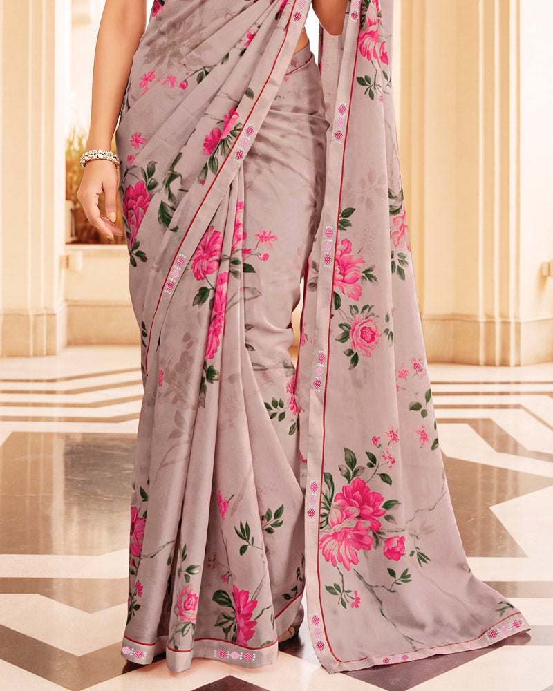 Vishal Prints Greyish Pink Digital Print Criva Crepe Saree With Fancy Border
