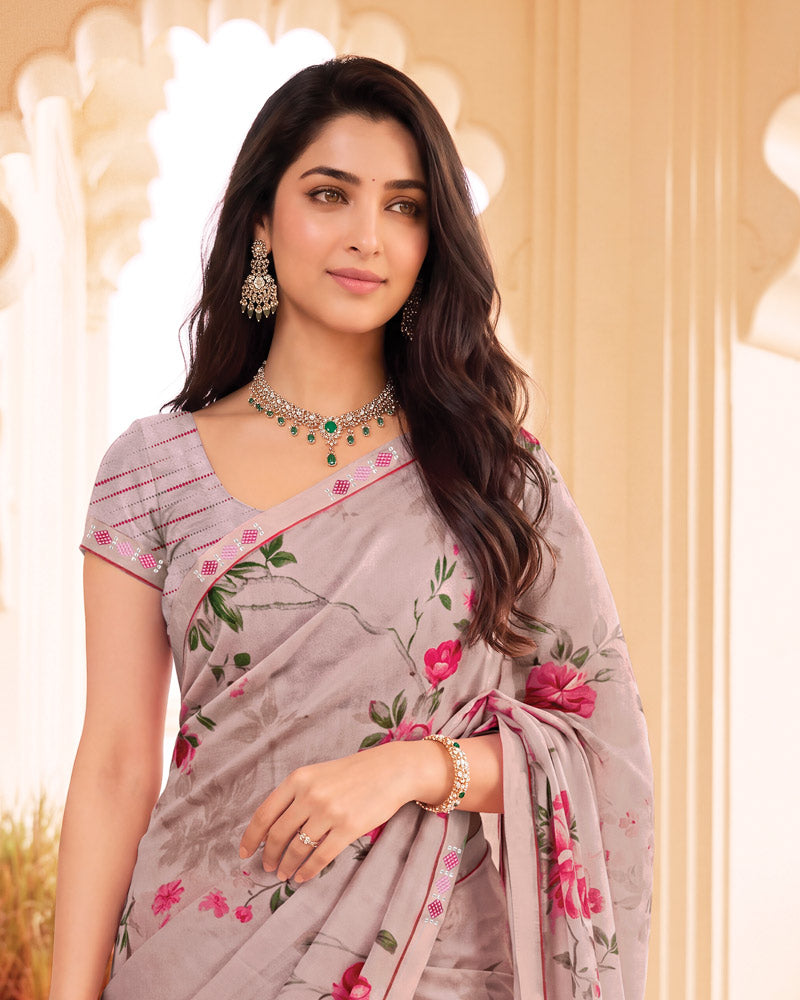 Vishal Prints Greyish Pink Digital Print Criva Crepe Saree With Fancy Border