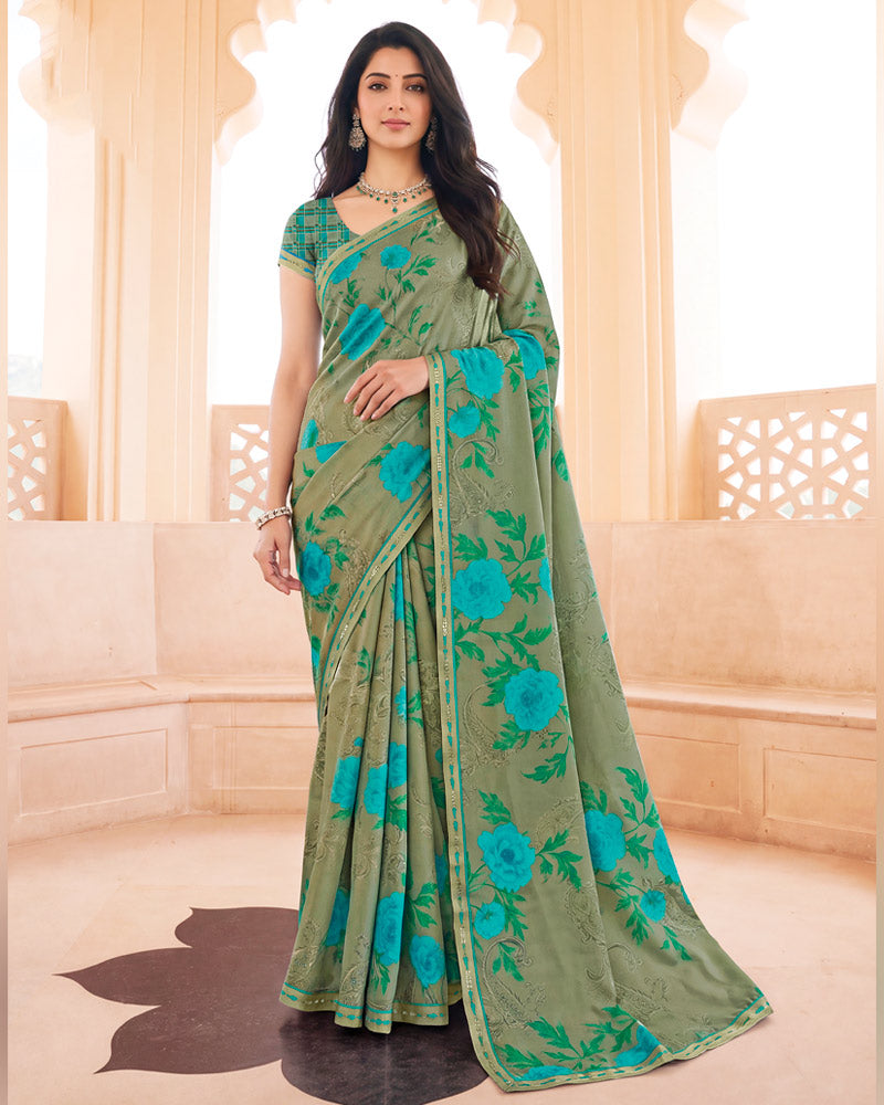 Vishal Prints Granite Green Digital Print Criva Crepe Saree With Fancy Border