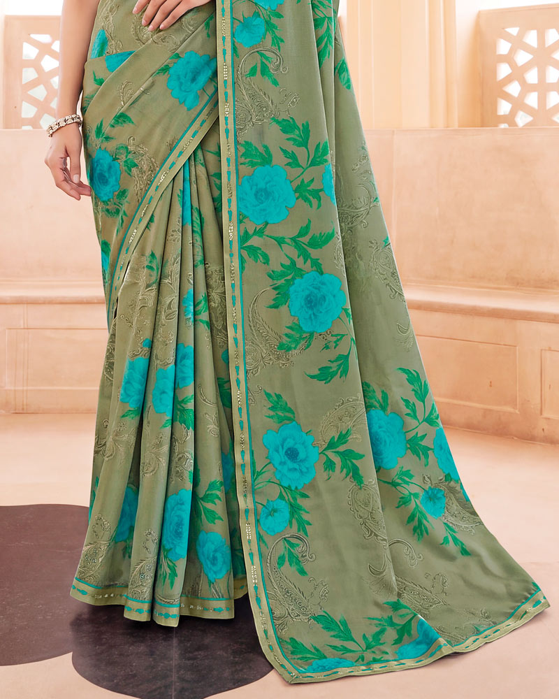 Vishal Prints Granite Green Digital Print Criva Crepe Saree With Fancy Border