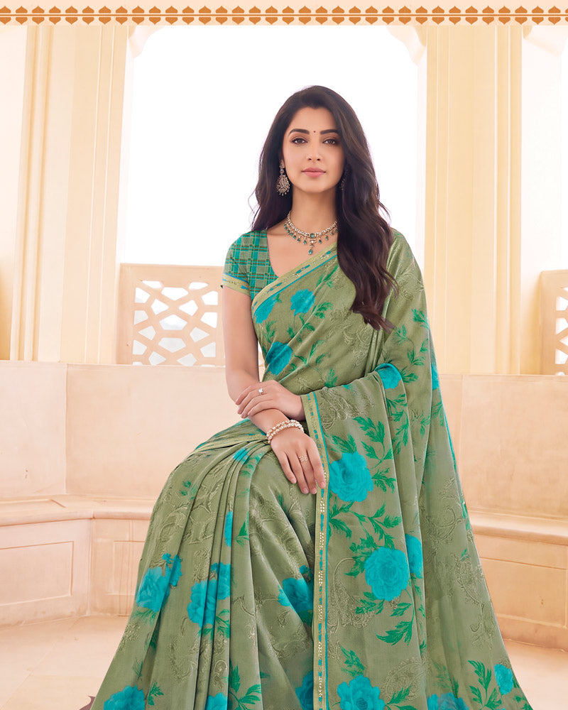 Vishal Prints Granite Green Digital Print Criva Crepe Saree With Fancy Border