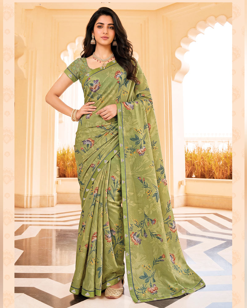Vishal Prints Pale Khaki Green Digital Print Criva Crepe Saree With Fancy Border