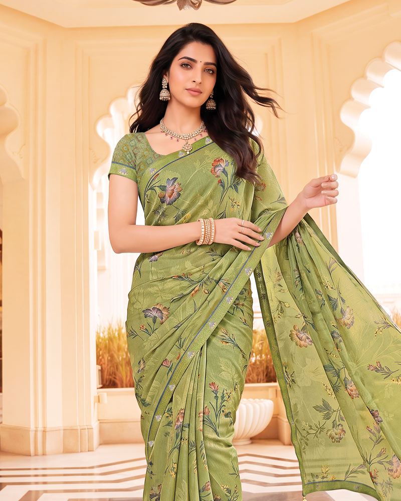 Vishal Prints Pale Khaki Green Digital Print Criva Crepe Saree With Fancy Border
