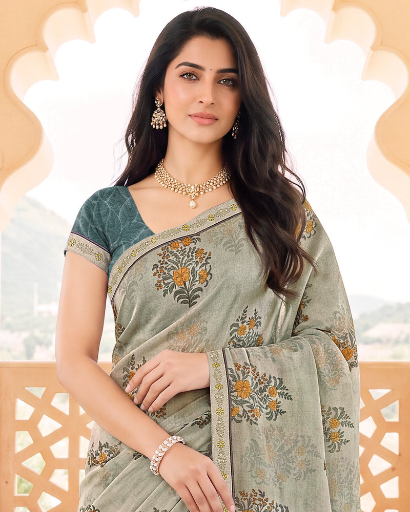 Vishal Prints Silky Grey Digital Print Criva Crepe Saree With Fancy Border