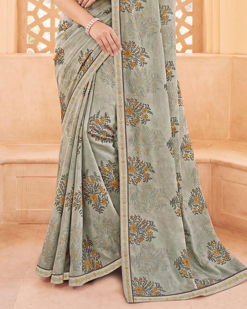 Vishal Prints Silky Grey Digital Print Criva Crepe Saree With Fancy Border