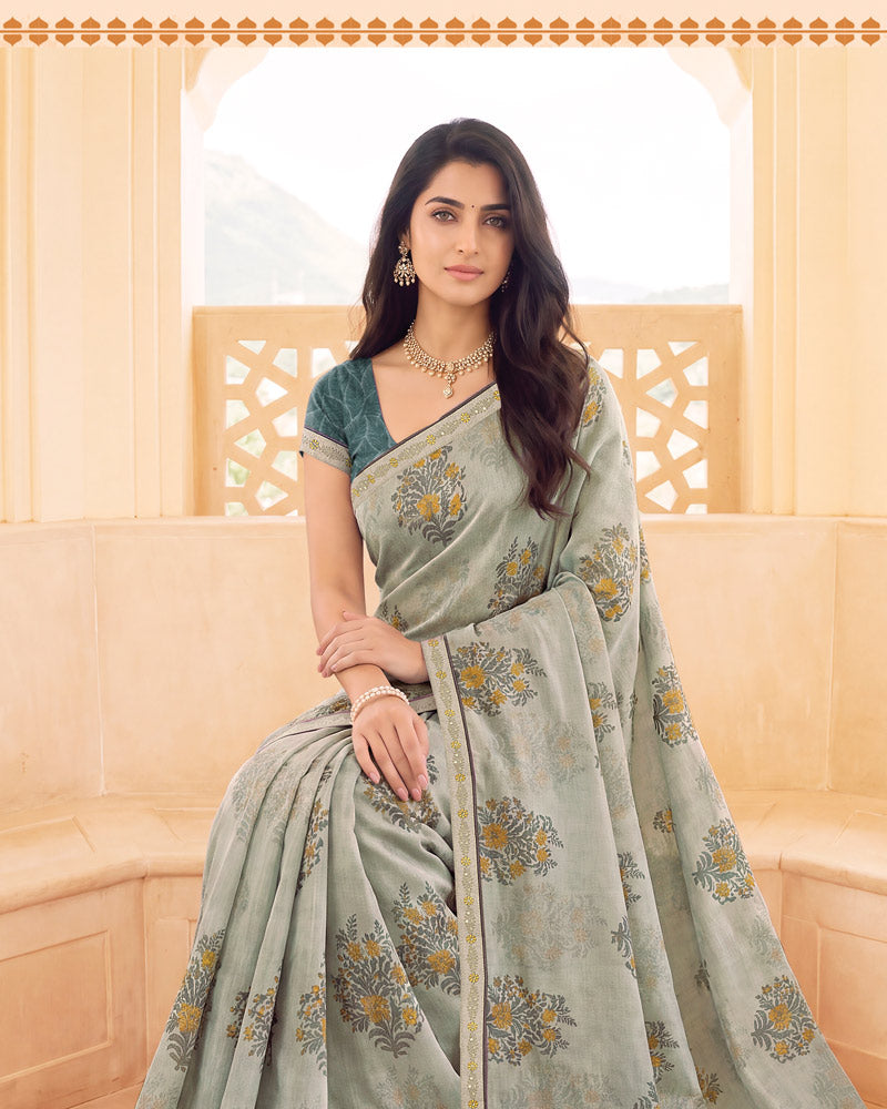 Vishal Prints Silky Grey Digital Print Criva Crepe Saree With Fancy Border