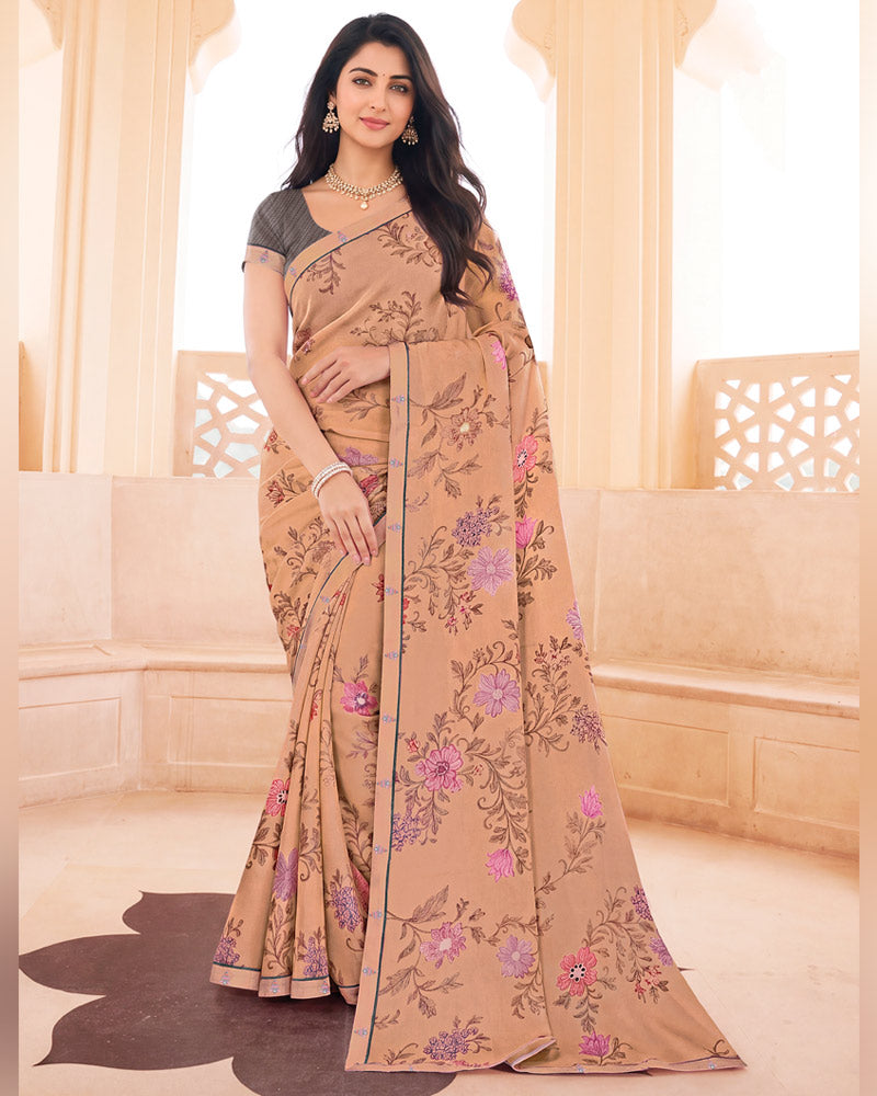 Vishal Prints Dark Salmon Orange Digital Print Criva Crepe Saree With Fancy Border