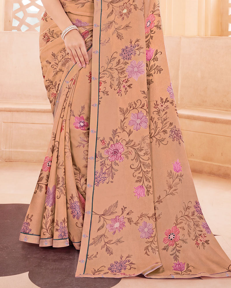 Vishal Prints Dark Salmon Orange Digital Print Criva Crepe Saree With Fancy Border