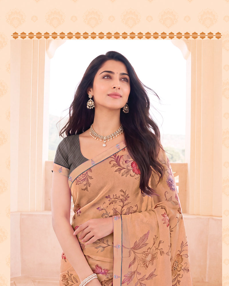Vishal Prints Dark Salmon Orange Digital Print Criva Crepe Saree With Fancy Border