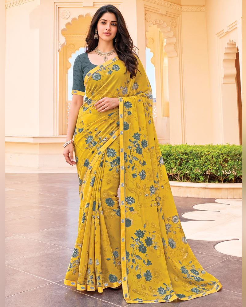 Vishal Prints Golden Yellow Digital Print Criva Crepe Saree With Fancy Border