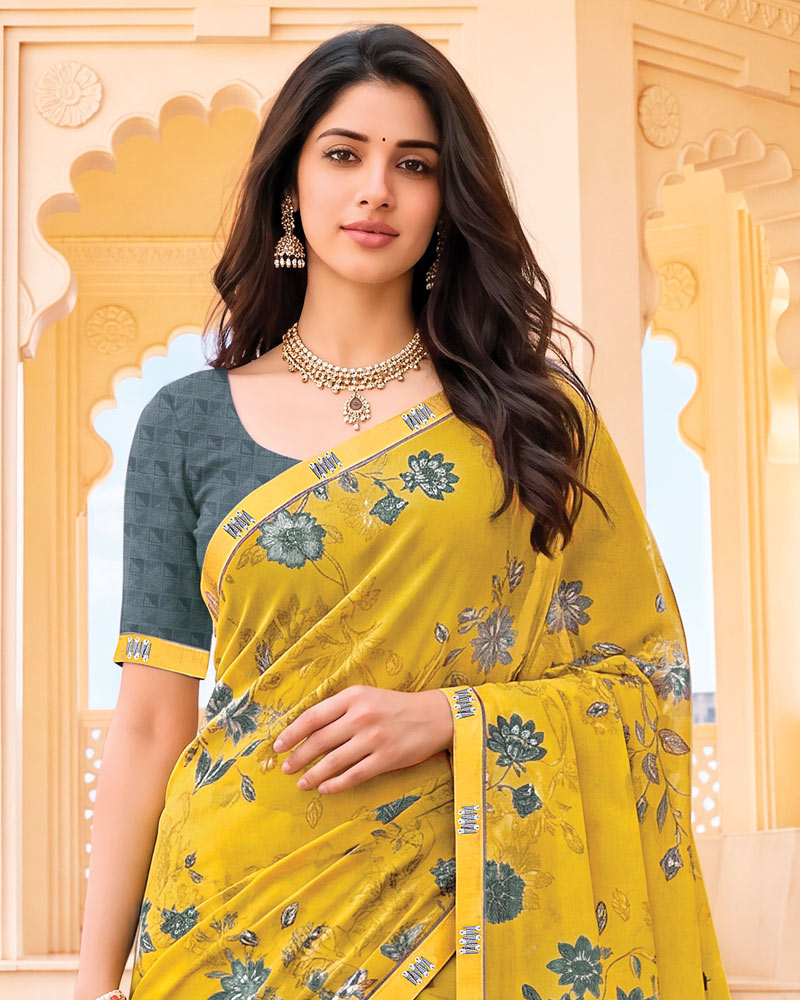 Vishal Prints Golden Yellow Digital Print Criva Crepe Saree With Fancy Border