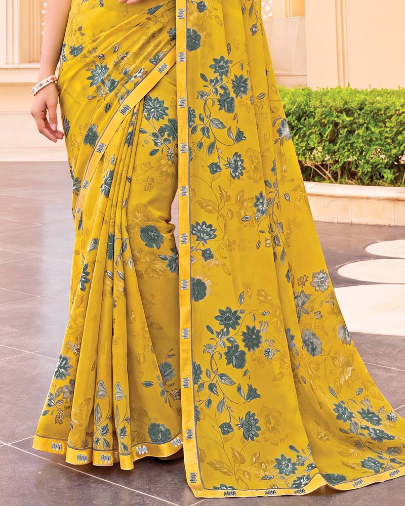 Vishal Prints Golden Yellow Digital Print Criva Crepe Saree With Fancy Border
