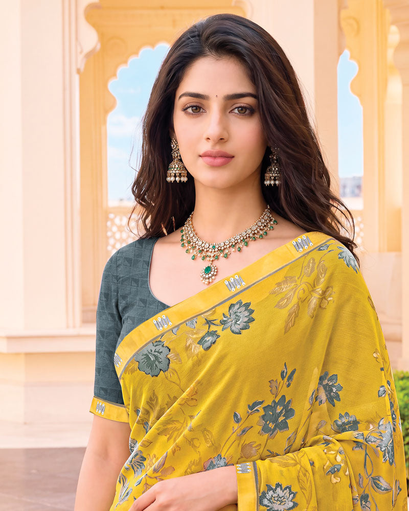Vishal Prints Golden Yellow Digital Print Criva Crepe Saree With Fancy Border
