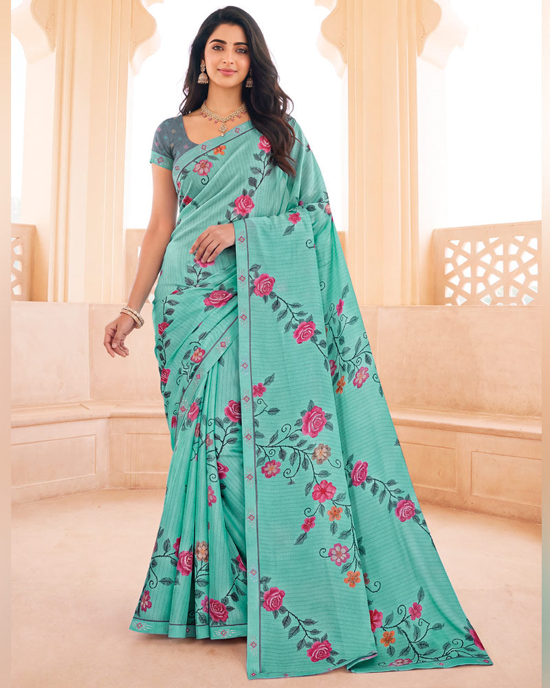 Vishal Prints Pastel Teal Green Digital Print Criva Crepe Saree With Fancy Border
